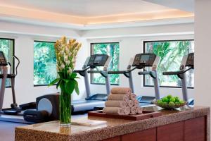 帕纳吉果阿万豪Spa度假酒店的健身室,带有跑步机和花瓶
