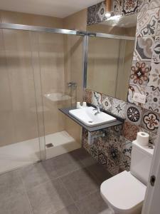 圣多明各德拉Hotel - Hostel Atuvera的带淋浴、盥洗盆和卫生间的浴室