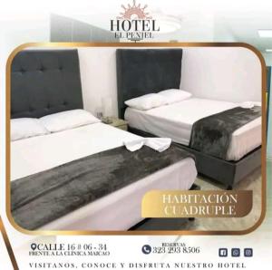 MaicaoHotel El Peniel的一张酒店客房内的两张床铺的海报