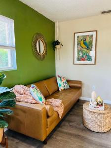坦帕Tropical Casita in Tampa near airport and Raymond James stadium的绿色墙壁的房间里一张棕色的沙发
