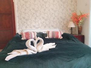 依尔福Beautiful Double En-suite Room, separate entrance, Ilford, Central line Gants Hill, free parking的两只毛巾天鹅坐在绿床上