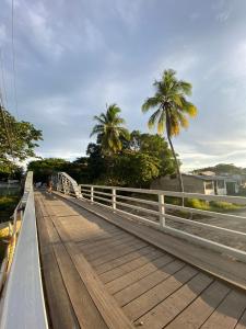 利比里亚Puente Real Hostel的一条有棕榈树的河上的桥梁