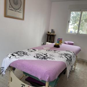 多列毛利诺斯Terra Aloé的紫色毯子的房间里一张床位