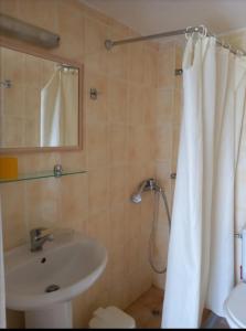 阿约斯尼奇塔斯Argo rooms的一间带水槽和淋浴帘的浴室