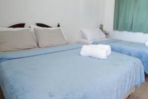 佩达西镇Residencial Santa Catalina Pedasi的客房内的两张蓝色床和毛巾