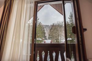 锡纳亚Boga Rooms的享有白雪 ⁇ 山景的窗户