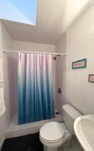 迈阿密海滩Miami Beach Rooms B&B的带淋浴帘和卫生间的浴室