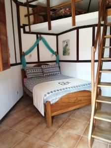 Nueva CaliforniaCabañas Mountain River Lake Inn的一间卧室设有两张双层床和梯子