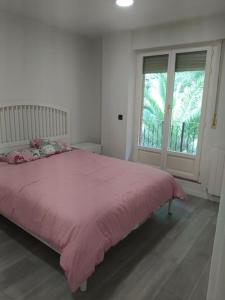 加尔达考Precioso apartamento en Bilbao.的卧室配有粉红色的床和窗户。