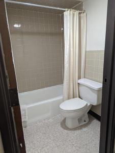 MustangLuxury inn的浴室配有卫生间、浴缸和水槽。