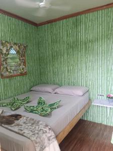 莫阿尔博阿Green Acres Village的一间卧室设有两张床和绿色的墙壁
