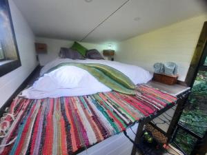 Lovemore ParkTiny Home Trails End的小房间的床,有色彩缤纷的地毯