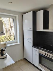 皮尔纳Ferienwohnung Elbtraum的厨房配有白色橱柜和窗户。