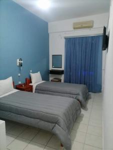 阿尔戈斯Hotel Theoxenia的一间卧室设有两张床和蓝色的墙壁