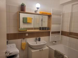 新特尔布鲁Studios Am Wienerwald的浴室配有盥洗盆和浴缸。