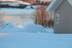 莫斯费德斯拜尔Paradise near Reykjavik w. Sauna - Northern Lights的水体旁的雪地房子