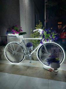 采蒂涅Apartments Aleksandra Cetinje的一辆白色自行车停在花卉人行道上