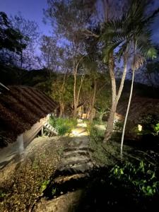 班柯木Koh Mook Mountain view的一条通往棕榈树的夜间房屋的路径