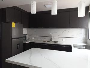 安巴托Lujoso Apartamento Frente al Estadio Bellavista的厨房配有黑色橱柜和白色台面