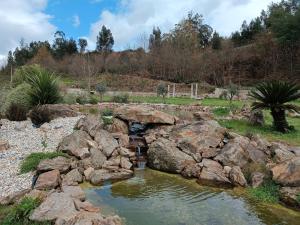 塞洛里库迪巴什图Quinta dos Tojais的一座花园,花园内有岩石,一座桥在池塘上