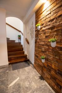 奥西耶克Rooms BAUMAN的走廊上的砖墙,有盆栽植物