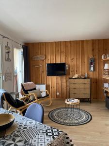 朗通Les Marinas de Cassy的一间带电视和木墙的客厅