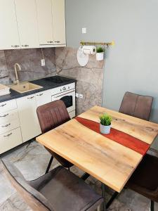 SurčinMuki apartments的厨房配有木桌和椅子