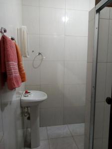 里奥迪孔塔斯Pousada Tio Sinhô e Tia Sinhá的白色的浴室设有水槽和淋浴。