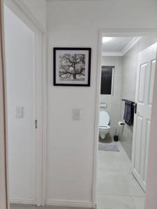 开普敦Cozy 2 bedroom APT - Near Kenilworth Racecourse的白色走廊,浴室墙上挂着一幅画