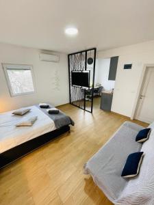 SurčinMuki apartments的一间卧室配有两张床和一台平面电视