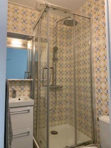 第戎appartement catimini的带淋浴的浴室(带卫生间和水槽)