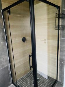 Mount PleasantStudio On Nate的浴室里设有玻璃门淋浴