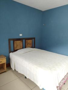 San Lucas TolimánHotel y Restaurante Tzutujil的卧室配有蓝色墙壁上的白色床