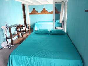 弗洛勒斯Posada Don Julio的一间卧室配有蓝色的床和镜子