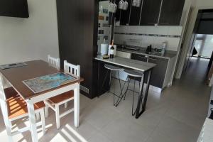 乌斯怀亚Comfortable apartment and excellent location的厨房配有桌椅和柜台。