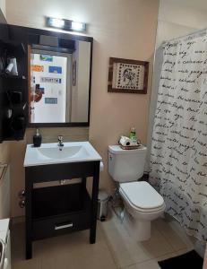 乌斯怀亚Comfortable apartment and excellent location的浴室配有白色卫生间和盥洗盆。