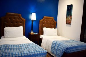 美岸帕拉多尔维甘旅馆的蓝色墙壁客房的两张床