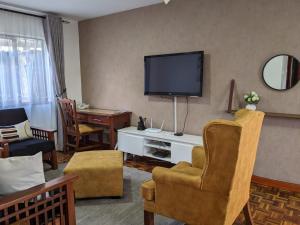 内罗毕Bliss haven Gold one bedroom fully furnished apartment的客厅配有平面电视和椅子。