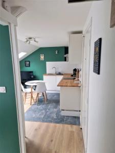 图尔Bel Appartement Hypercentre的厨房设有绿色的墙壁和桌椅