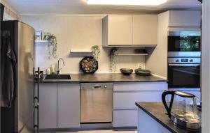 RådeStunning Home In Rde With Kitchen的厨房配有白色橱柜和不锈钢冰箱