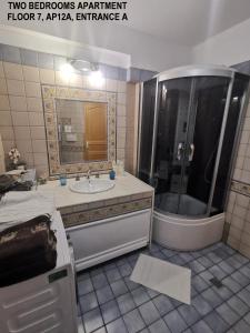 布加勒斯特Black and White Apartments的浴室配有盥洗盆和带镜子的淋浴