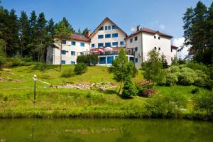 恰尔纳Hotel Perła Bieszczadów Geovita的湖畔小山上的大房子