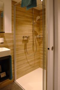 阿彭策尔Landgasthaus Neues Bild, Eggerstanden的浴室里设有玻璃门淋浴
