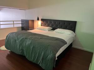 纽黑文Full loft-style apartment near Omni的一间卧室配有一张带绿毯的大床