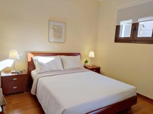 阿斯格罗Rhodes Soul Iuxury home的一间卧室配有一张带白色床单和两盏灯的床。
