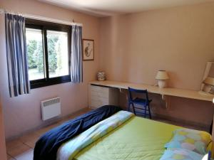 利和米克斯Landes OCEANES - Chambres privées dans villa avec jardin的一间卧室配有一张床、一张书桌和一个窗户。