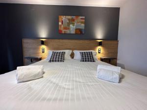 朗巴克欧海姆巴赫酒店的卧室配有一张带两个枕头的大白色床