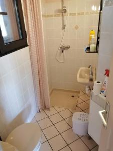 利和米克斯Landes OCEANES - Chambres privées dans villa avec jardin的浴室配有卫生间、淋浴和盥洗盆。