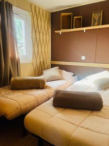 维克拉加尔迪奥勒Mobil-home COSY clim&tv-3 Chambres的客房设有两张床和窗户。