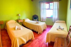 托尔胡因Cabañas Posada de las Flores的带绿色墙壁的客房内的三张床